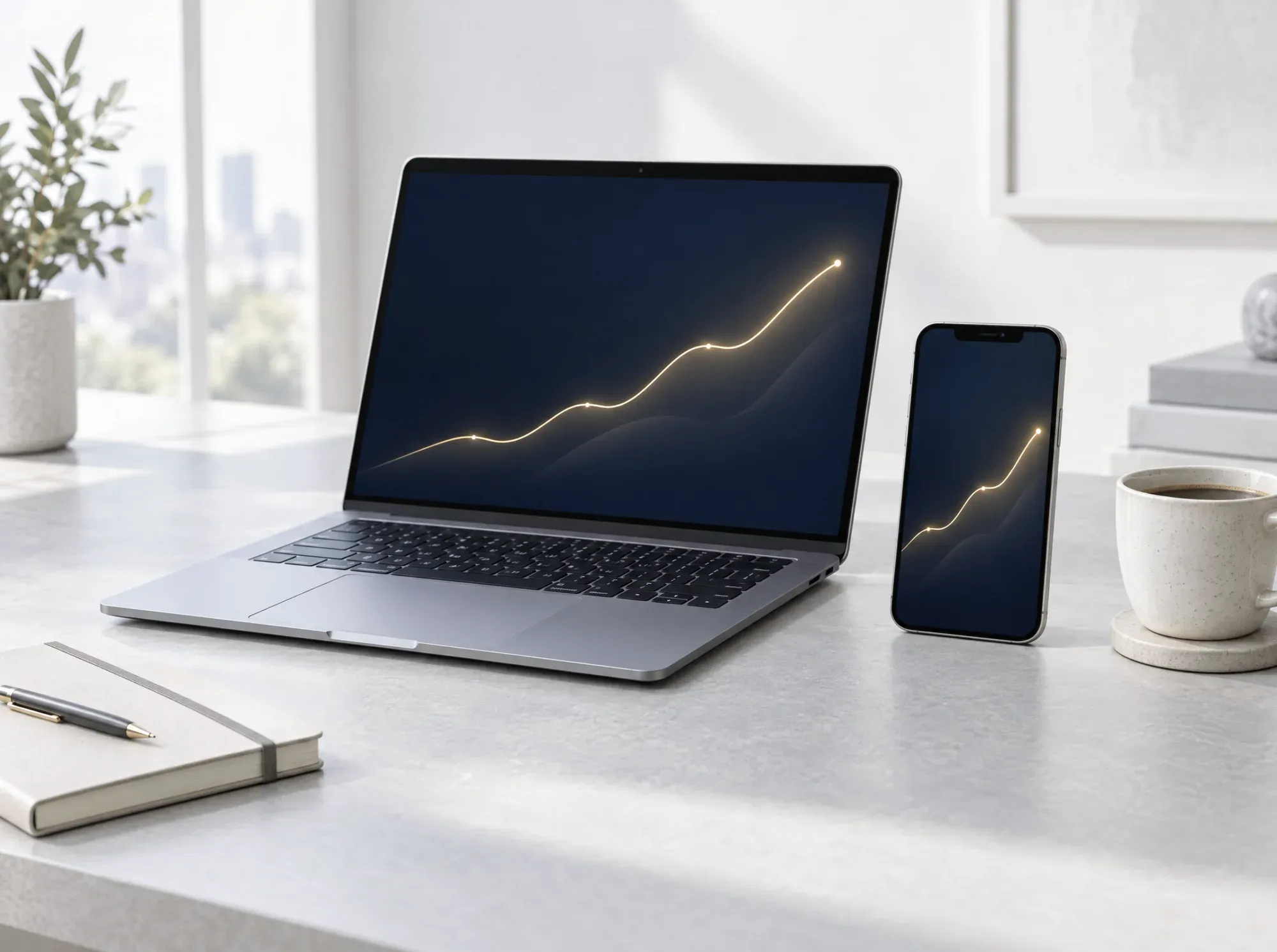 Laptop and phone showing a rising performance chart