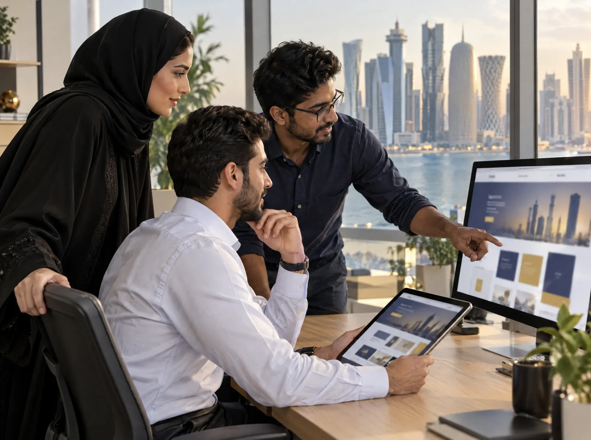 M&M web design team in Doha reviewing a bilingual website design