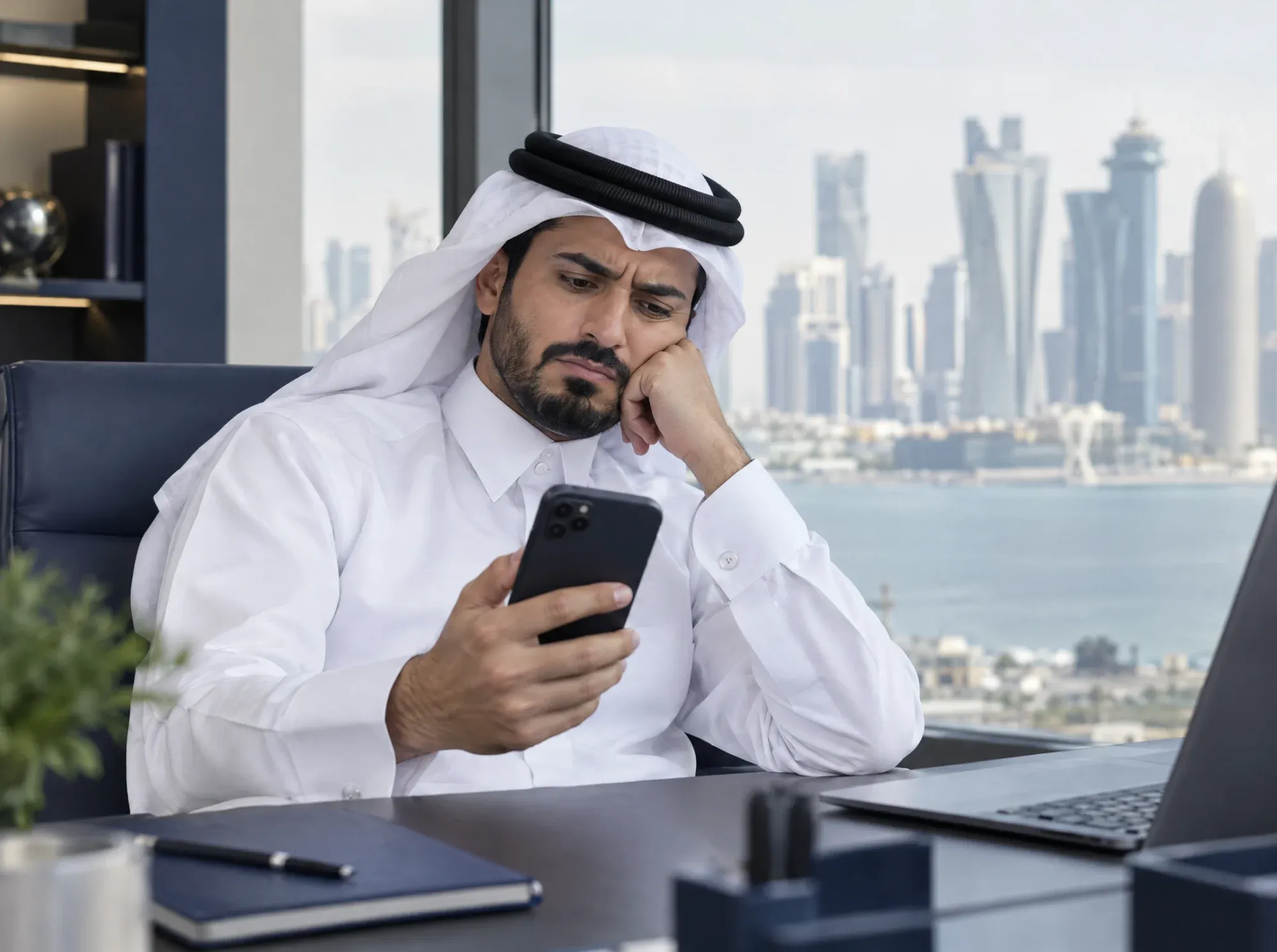 Business owner in Doha waiting for a slow website to load on his phone